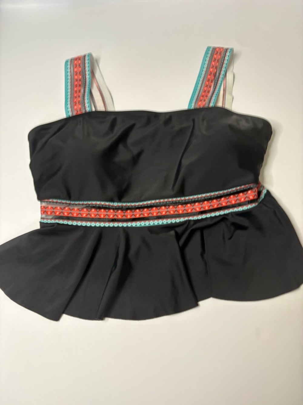 Women’s Black Peplum Tank Top with Coral & Teal Embroidered Trim